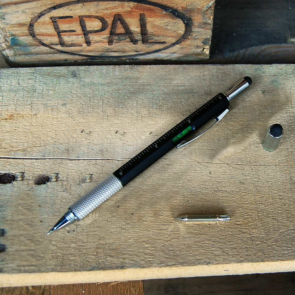6-in-1 Multitool Pen - Zwart - Liniaal - Waterpas - Kruiskop en Plattekop Schroevendraaier - Gereedschapspen - Handy Pen