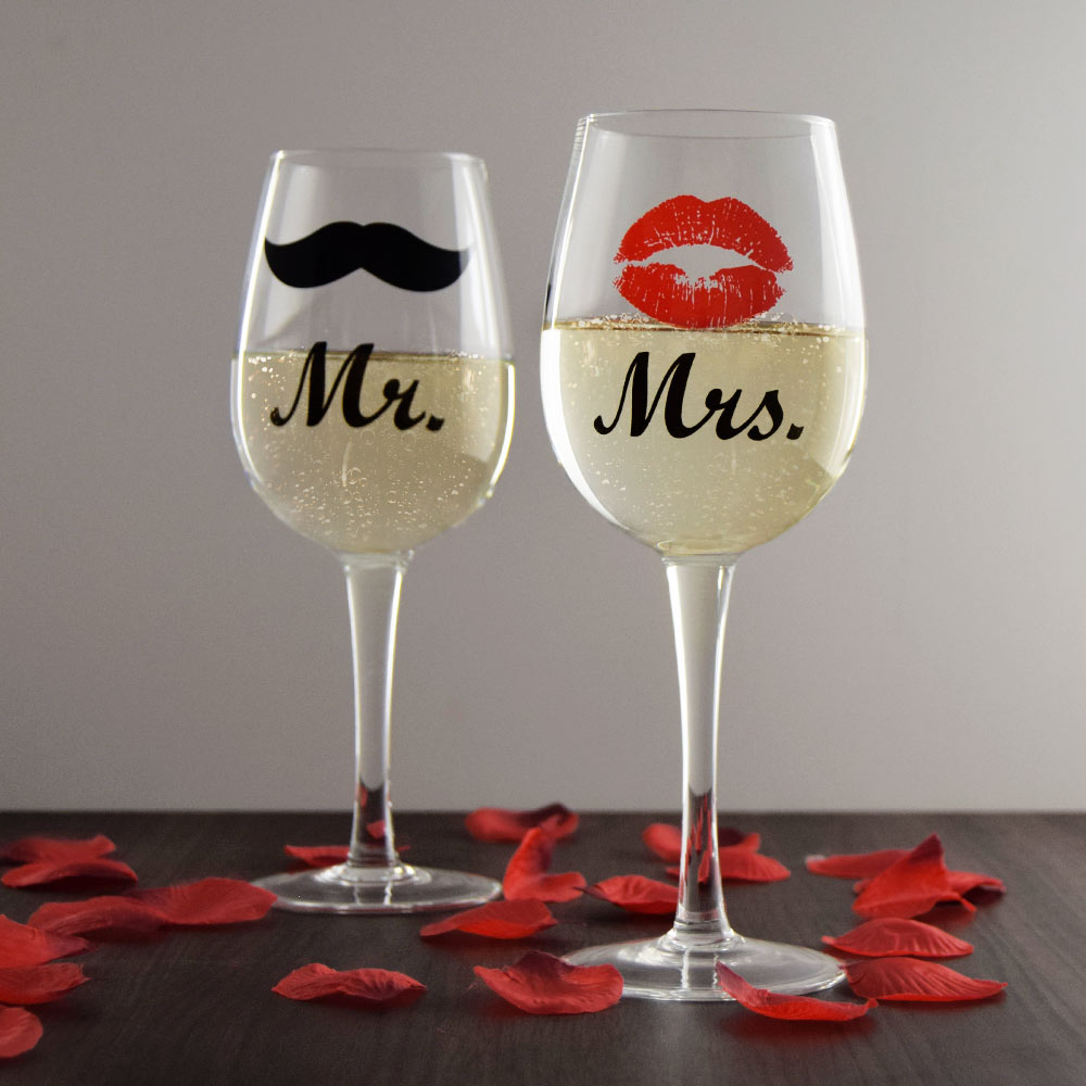 Mr. & Mrs. Wijnglazen - Set van 2 - 430 ML - Perfect Valentijns Cadeau - Grote Wijnglazen