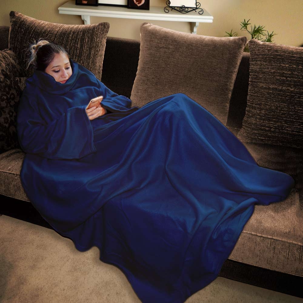 Snuggie Rug Blauw Fleece Deken met Mouwen Hoodie Deken 140 x 185 cm Warmte Deken voor Volwassen en Kinderen