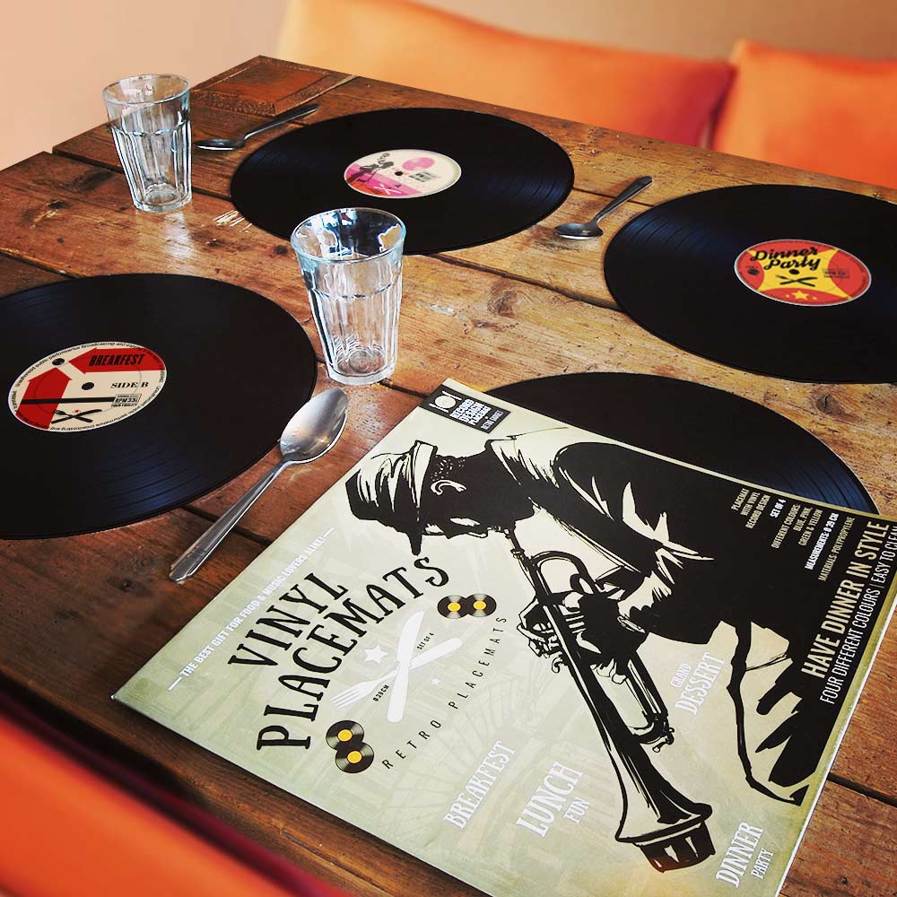 Vinyl Placemats Origineel Set van 4 Geleverd In een Design Hoes Makkelijk Schoon Te Maken Retro LP Tafel Onderleggers